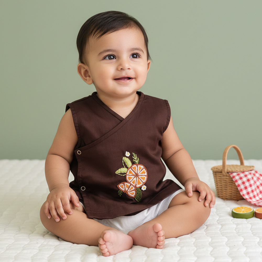 Unisex Baby Embroidered Choco Brown Jabla - Orange Bloom