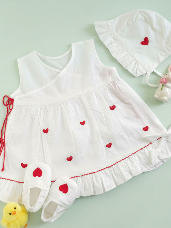 Embroidered White Dress and Accessories Set - Red Heart