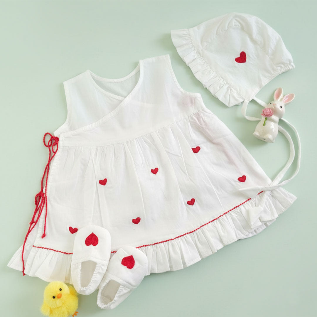 Keebee Organic Cotton Baby Girl Embroidered White Dress and Accessories Set - Red Heart