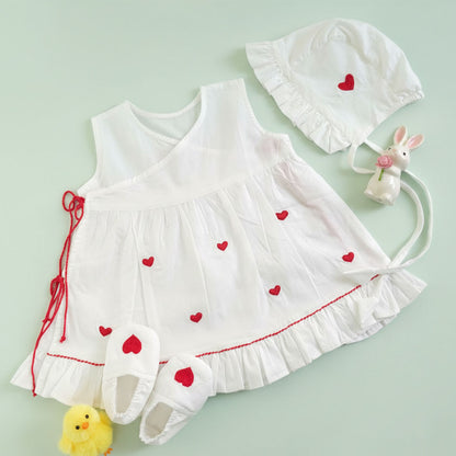 Embroidered White Dress and Accessories Set - Red Heart