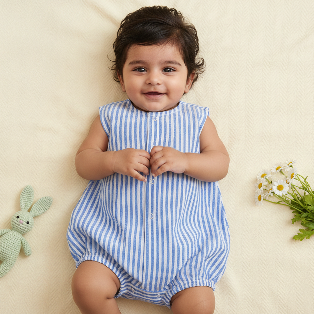 Unisex Baby Blue and White Striped Romper