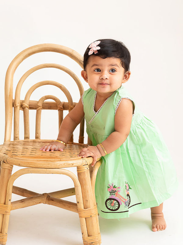 Keebee Organic Cotton Embroidered Green Overlap Dress - Bicycle
