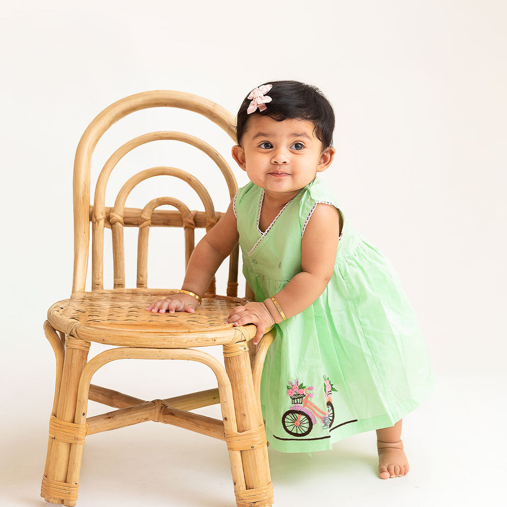 Keebee Organic Cotton Embroidered Green Overlap Dress - Bicycle