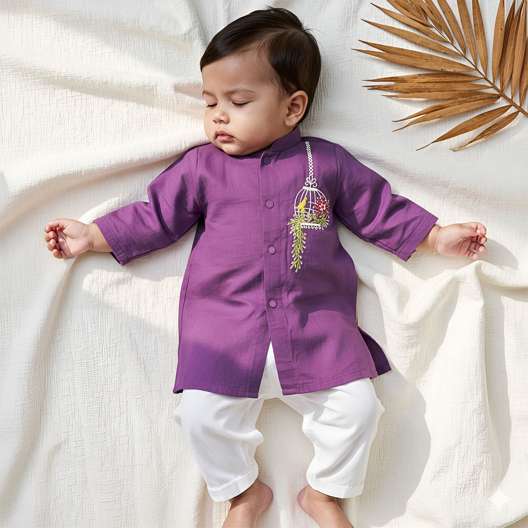 Keebee Organic Cotton Newborn Boys Purple Kurta Set - Birdcage Garden