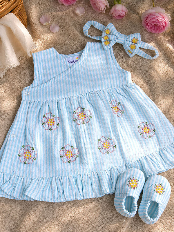 Baby Girl Embroidered Light Blue and White Wrap Dress and Accessories Set - Flower Bloom