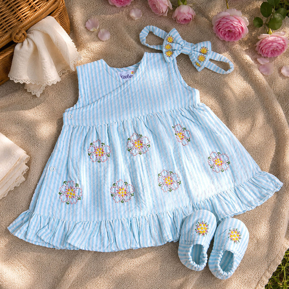 Baby Girl Embroidered Light Blue and White Wrap Dress and Accessories Set - Flower Bloom
