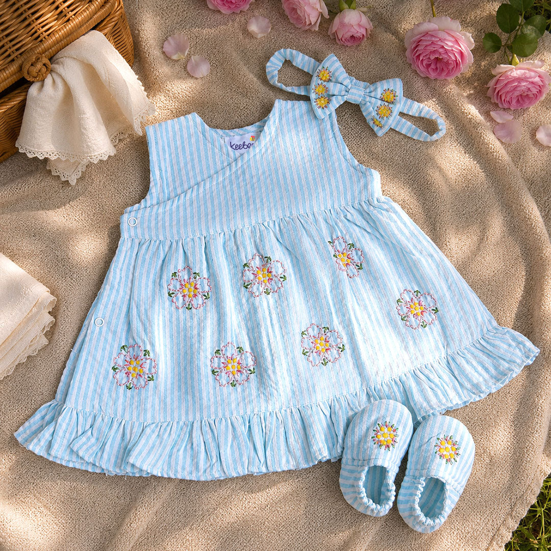 Baby Girl Embroidered Light Blue and White Wrap Dress and Accessories Set - Flower Bloom