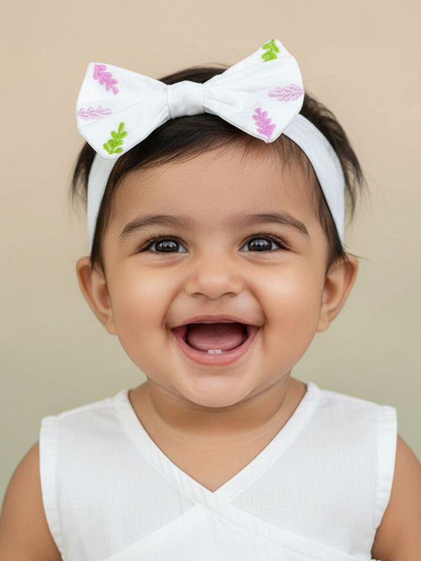 White Embroidered Classic Bow Girls Headband - Pink Flowers