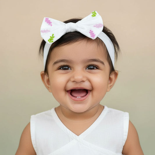 Keebee Organic Cotton White Embroidered Classic Bow Headband - Pink Flowers