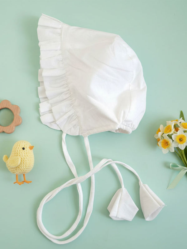 Solid Baby Bonnet with Ruffles - White