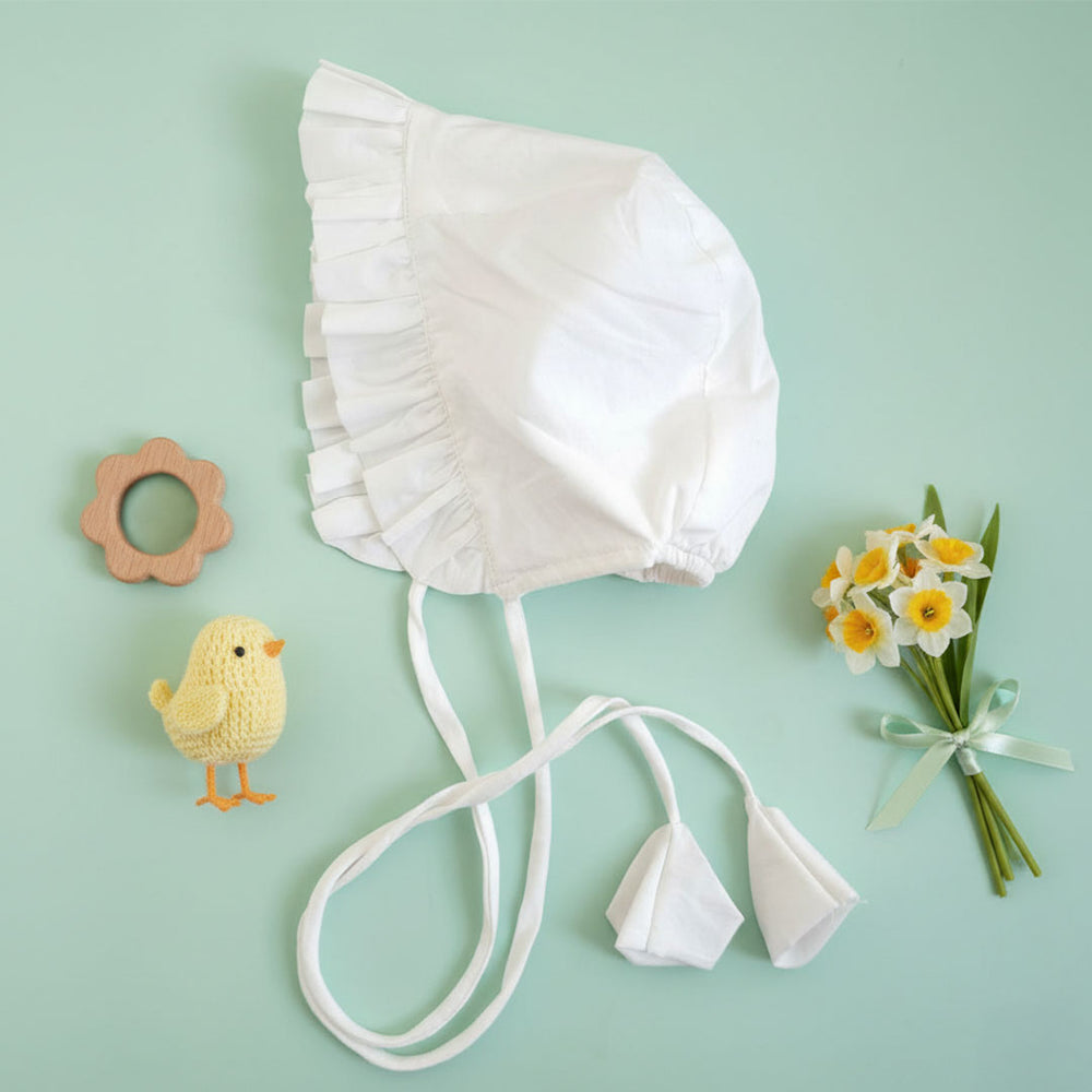 Solid Baby Bonnet with Ruffles - White