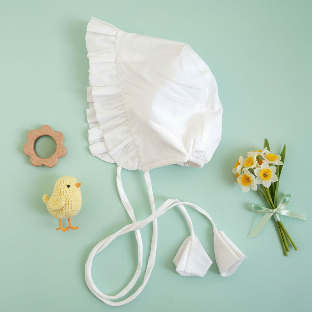 Solid Baby Bonnet with Ruffles - White