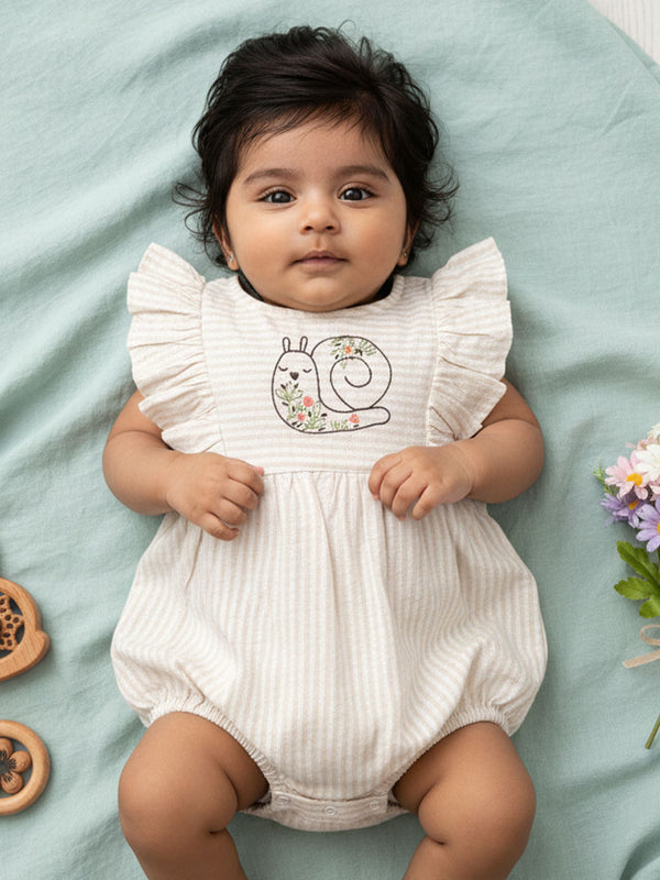 Baby Girl Embroidered Beige and White Romper with Ruffles - Garden Snail