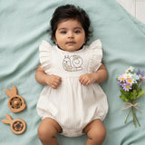Baby Girl Embroidered Beige and White Romper with Ruffles - Garden Snail