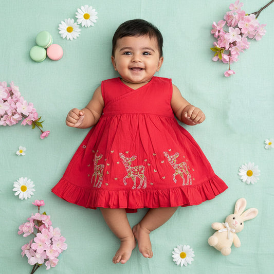Keebee Organic Cotton Embroidered Red Wrap Dress / Jabla - Three Lil Deers