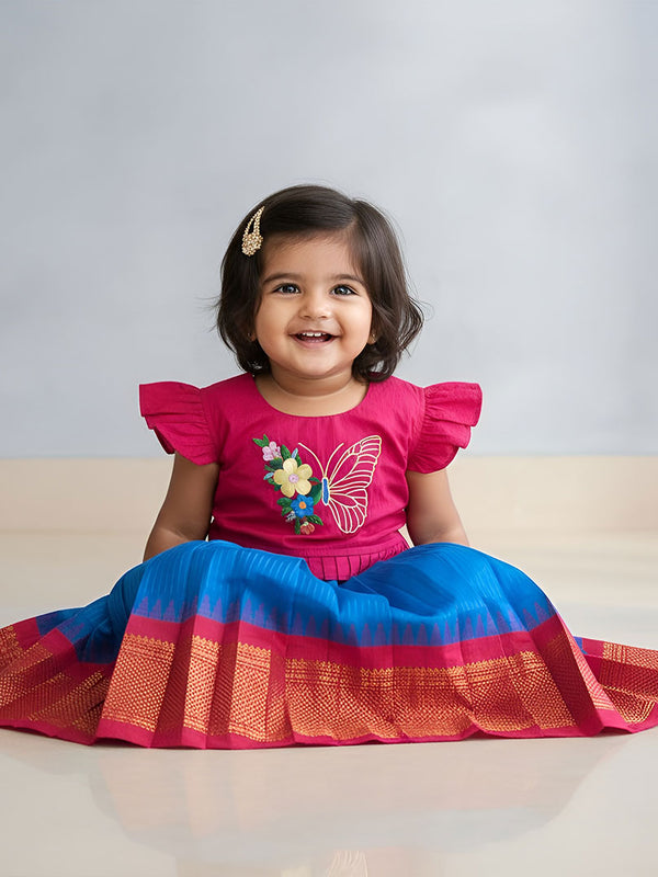 Girls Handloom Raw Silk Embroidered Pink and Royal Blue Choli Lehenga Set - Butterfly