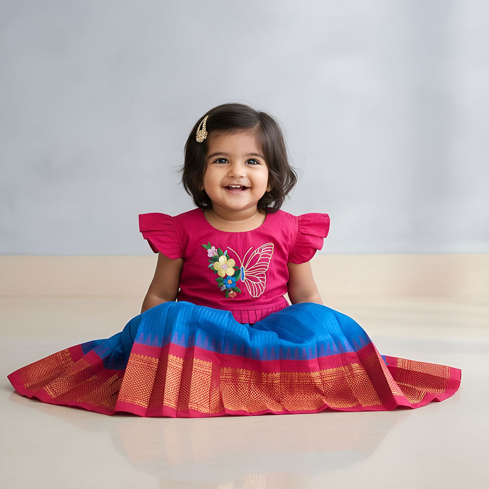 Girls Handloom Raw Silk Embroidered Pink and Royal Blue Choli Lehenga Set - Butterfly