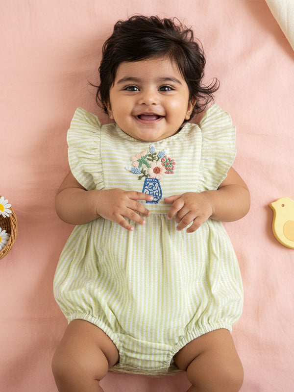 Baby Girl Embroidered Green and White Romper with Ruffles - Flower Vase