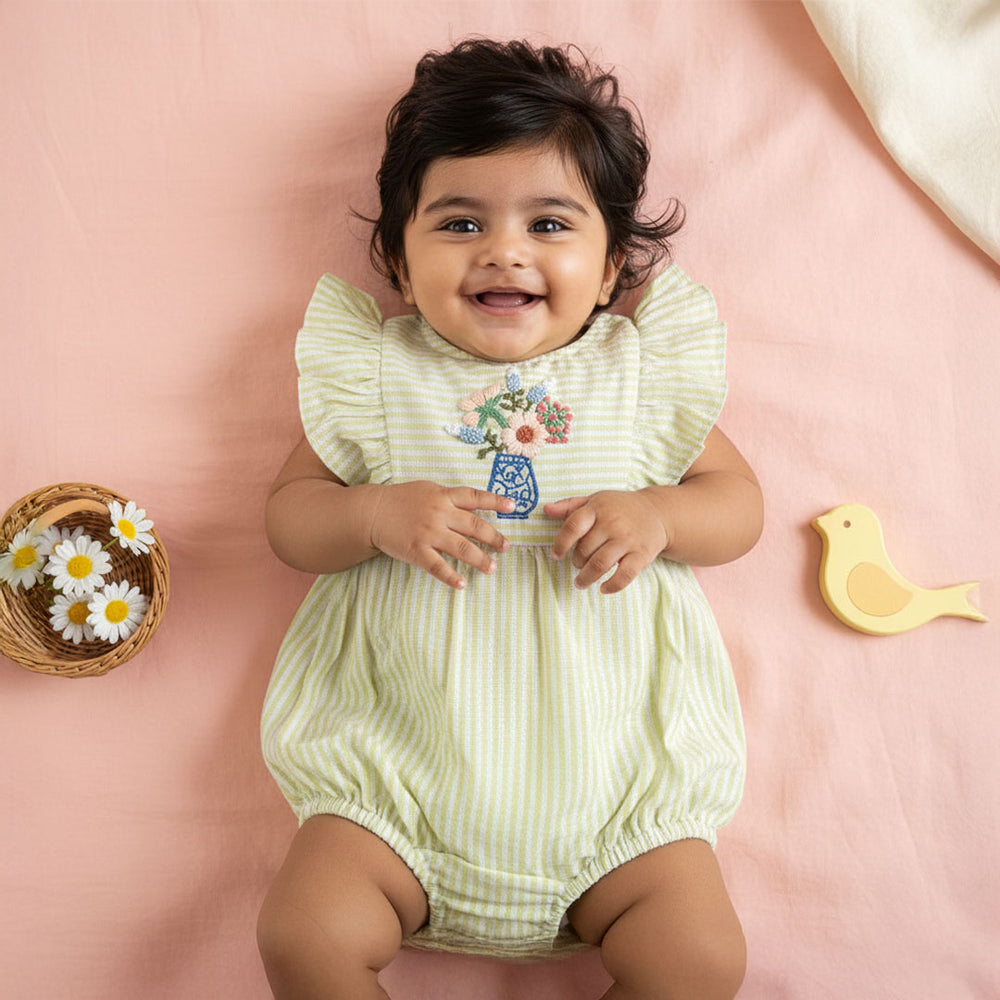 Baby Girl Embroidered Green and White Romper with Ruffles - Flower Vase