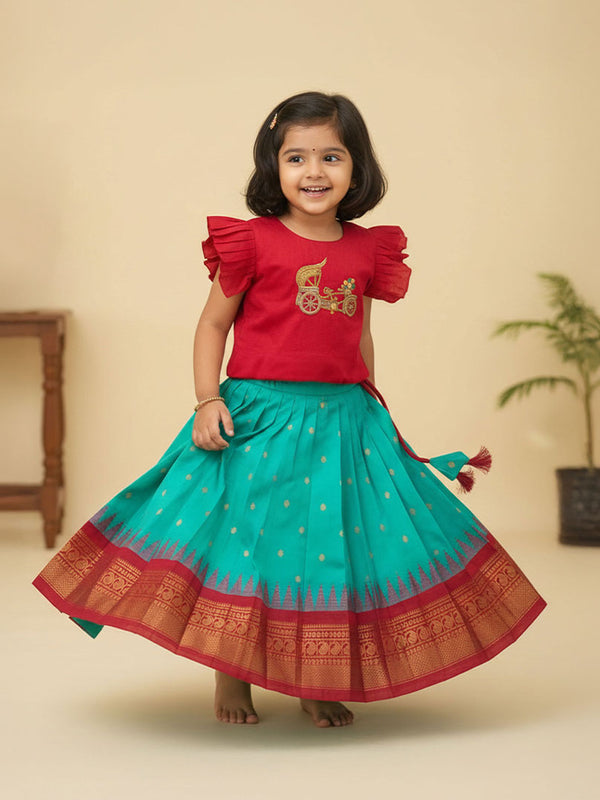 Girls Handloom Raw Silk Embroidered Red and Aqua Green Choli Lehenga Set - Golden Carriage