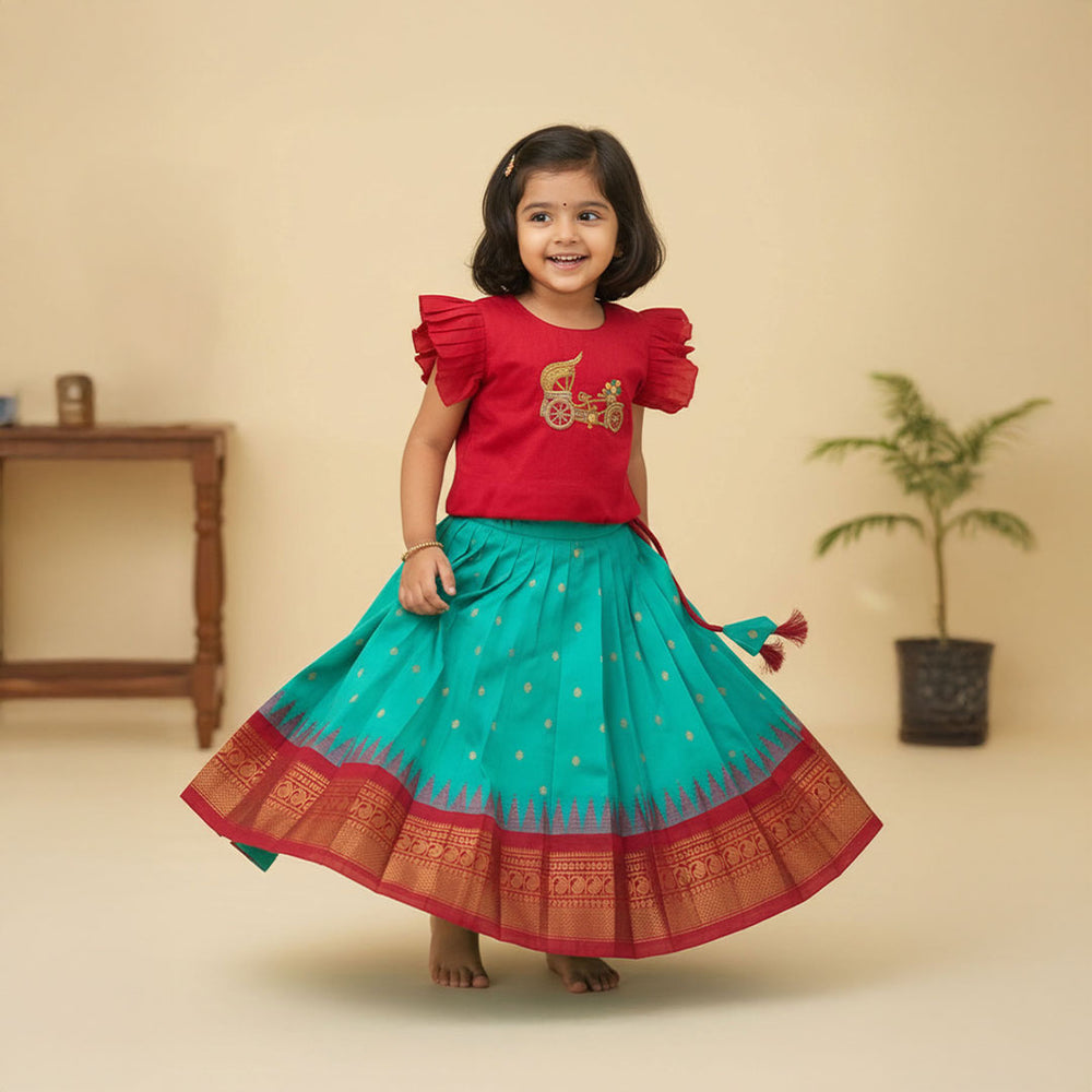Girls Handloom Raw Silk Embroidered Red and Aqua Green Choli Lehenga Set - Golden Carriage