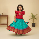 Girls Handloom Raw Silk Embroidered Red and Aqua Green Choli Lehenga Set - Golden Carriage