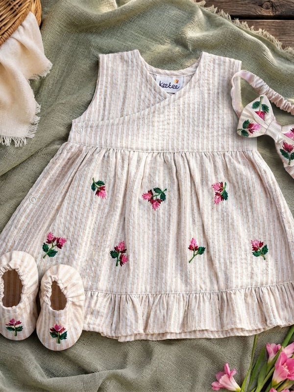 Baby Girl Embroidered Beige and White Wrap Dress and Accessories Set - Pink Bloom