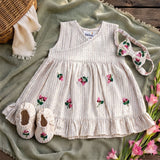 Baby Girl Embroidered Beige and White Wrap Dress and Accessories Set - Pink Bloom