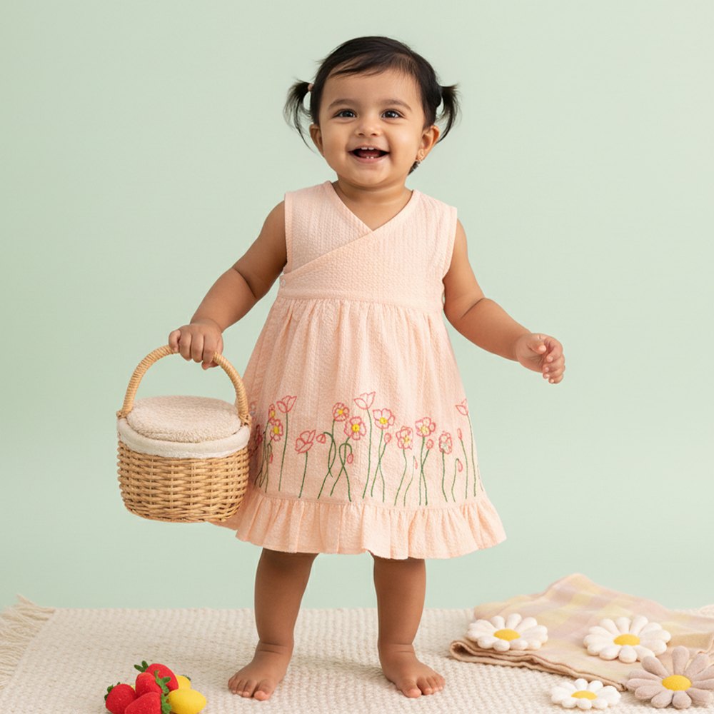 Baby Girl Embroidered Sweet Peach Wrap Dress and Accessories Set -Poppy Field