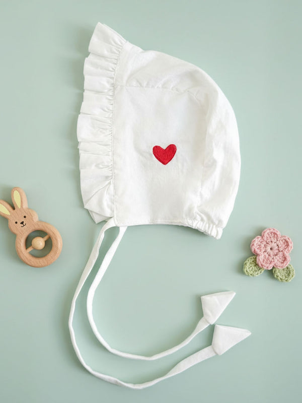 Embroidered White Ruffled Baby Bonnet - Heart