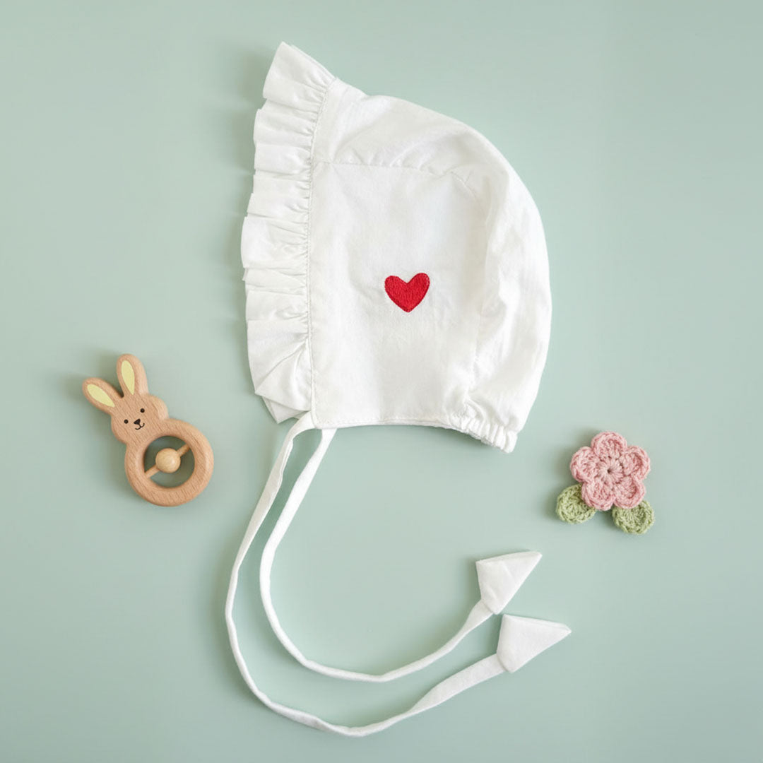 Keebee Organic Cotton Embroidered White Ruffled Baby Bonnet - Heart