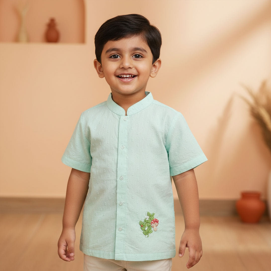 Keebee Organic Cotton Aqua Embroidered Shirt- Mushrooms Patch