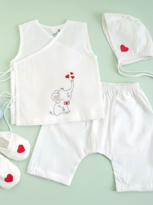 Embroidered White Jabla, Diaper Shorts & Accessories Set - Elephant