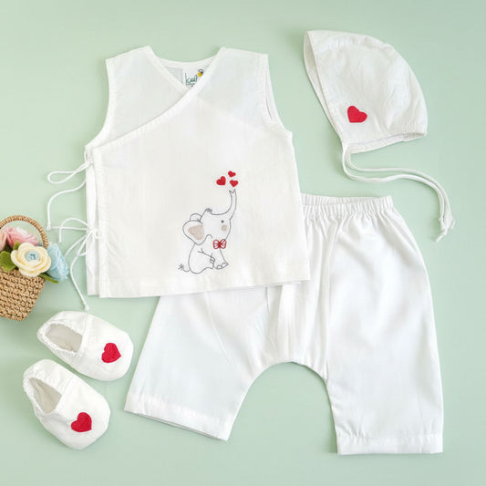 Keebee Organic Cotton Embroidered White Jabla, Diaper Shorts & Accessories Set - Elephant
