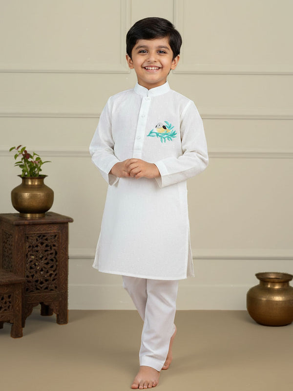 Boys Embroidered White Kurta paired with Pajama Pants - Birdsong