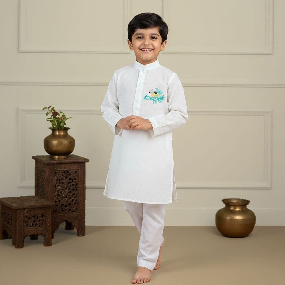 Boys Embroidered White Kurta paired with Pajama Pants - Birdsong