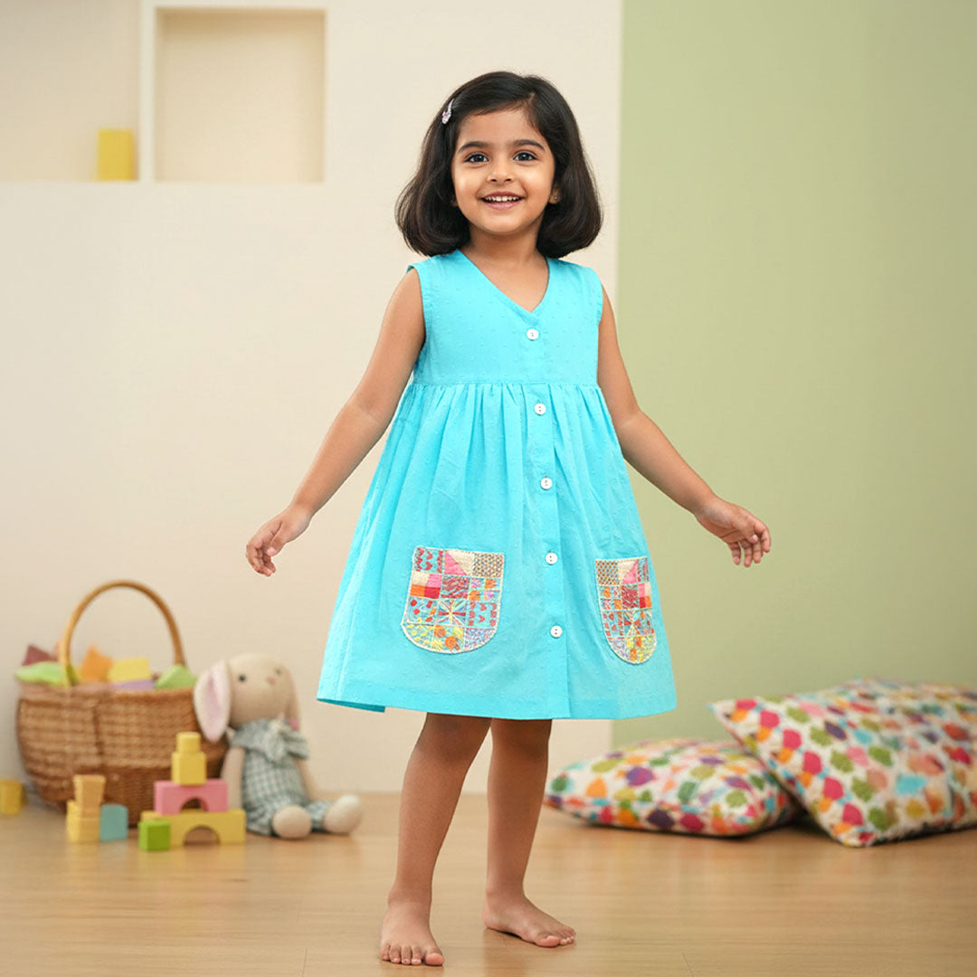Keebee Organic Cotton Hand Embroidered Turquoise Blue Baby Girl Dress with Pockets