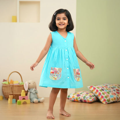 Hand Embroidered Turquoise Blue Dress with Pockets