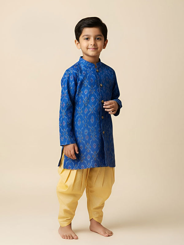 Boys Handloom Raw Silk Blue Ikat Kurta and Golden Yellow Dhoti Salwar Pants Set