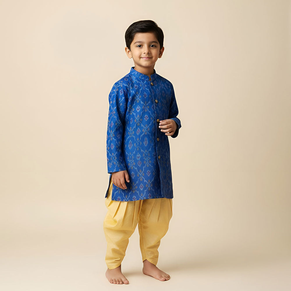 Boys Handloom Raw Silk Blue Ikat Kurta and Golden Yellow Dhoti Salwar Pants Set