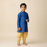 Boys Handloom Raw Silk Blue Ikat Kurta and Golden Yellow Dhoti Salwar Pants Set