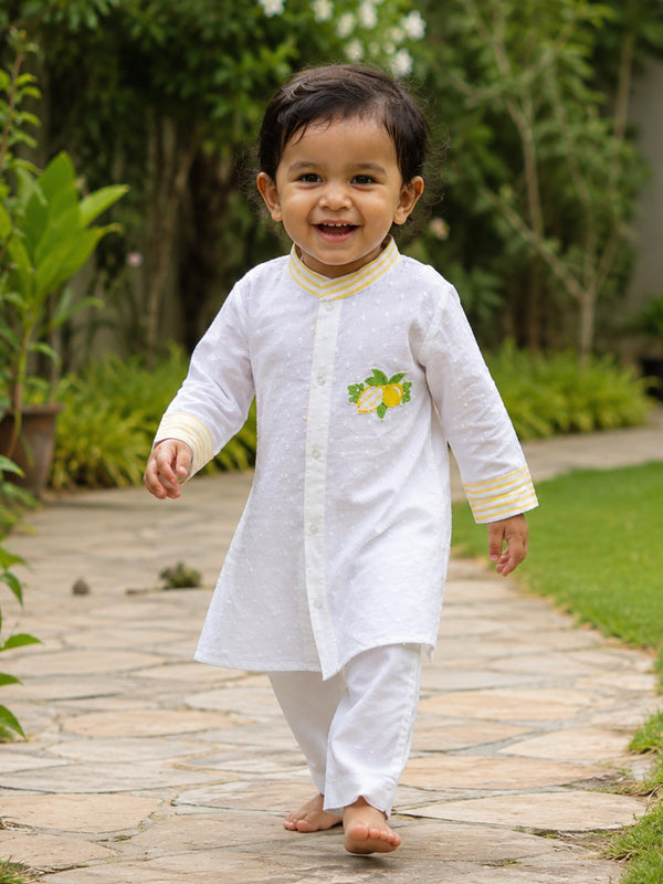 Boys Yellow and White Embroidered Kurta and Pajama Pants Set - Lemonade