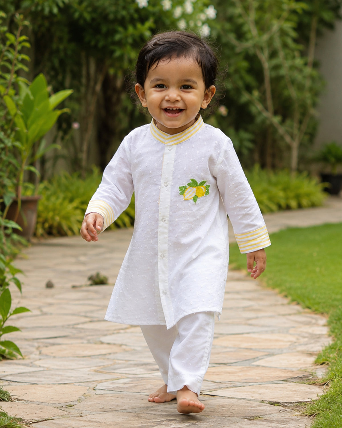 Boys Yellow and White Embroidered Kurta and Pajama Pants Set - Lemonade