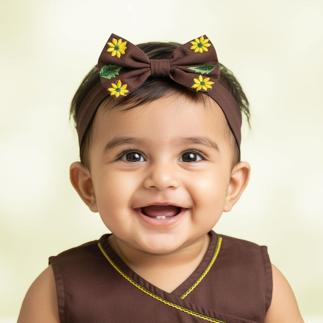 Keebee Organic Cotton Choco Brown Embroidered Classic Bow Headband - Sunflowers