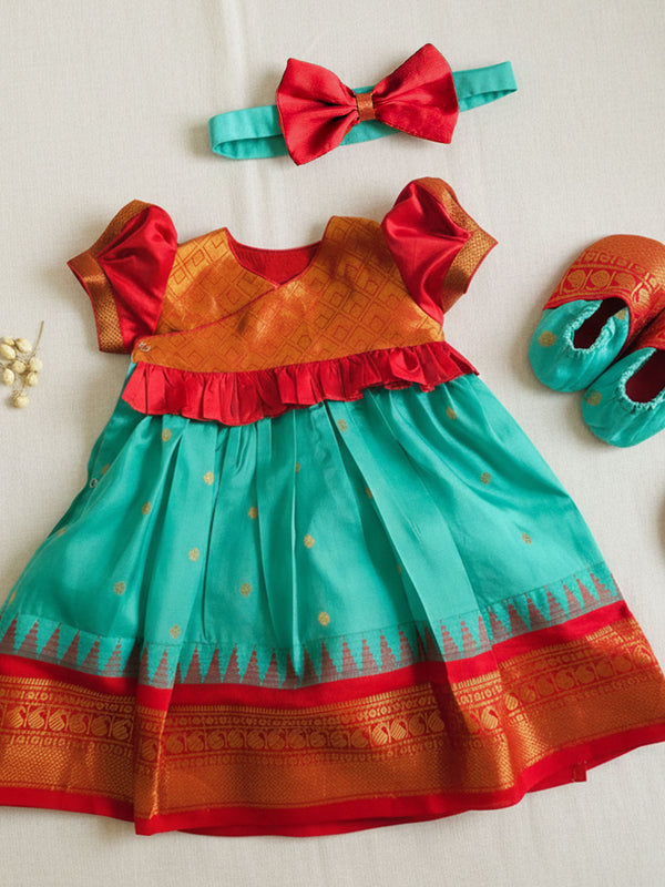 Baby Girl Handloom Raw Silk Ethnic Maxi Dress and Accessories Set - Red and Green