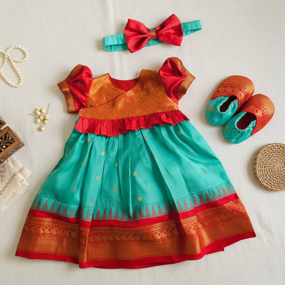 Baby Girl Handloom Raw Silk Ethnic Maxi Dress and Accessories Set - Red and Green