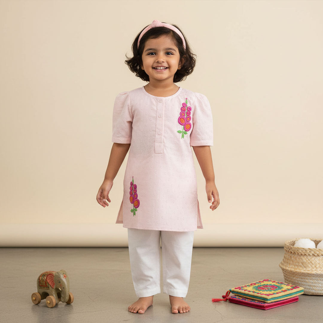 Keebee Organic Cotton Hand Embroidered Floral Girls Peach Kurta Set - Gloria