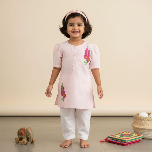 Keebee Organic Cotton Hand Embroidered Floral Girls Peach Kurta Set - Gloria