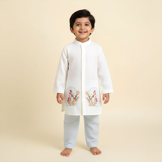 Keebee Organic Cotton Embroidered Light Blue Kurta and White Pajama Pants Set - Bloom in Window