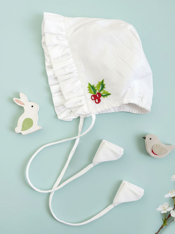 Embroidered White Ruffled Baby Bonnet - Merry Holly